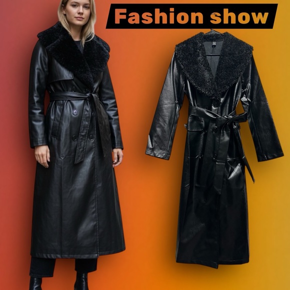 Vintage style SHEIN Black Faux Leather Long Trench Coat with Shearling Collar - Picture 3 of 17